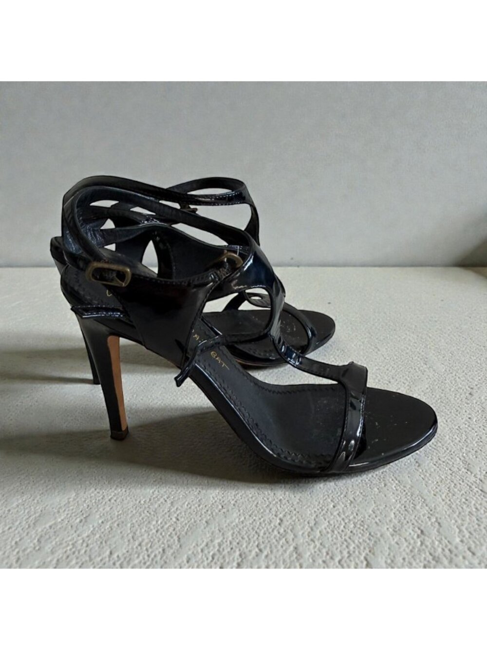JEAN MICHEL CAZABAT Black Patent Leather Sandals Heels Size 38.5 / 8.5